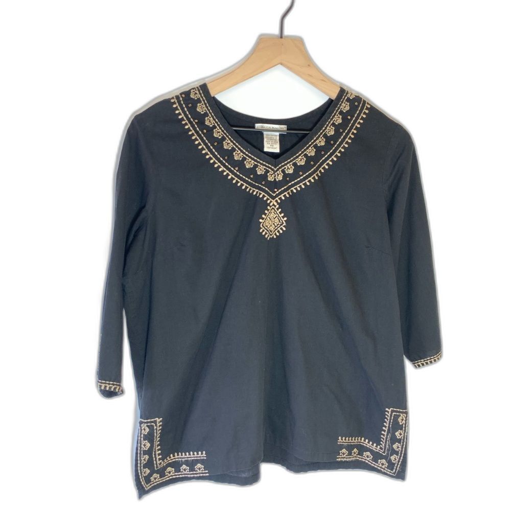 Rebecca‎ Malone Petite Black Embroidered Boho Top PM 3/4 Sleeve Cotton Blouse